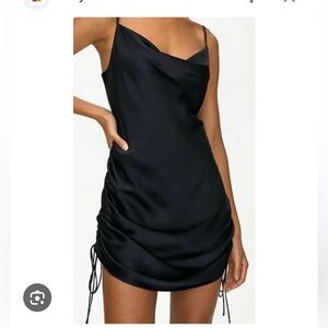 Aritzia Wilfred Ruched Black Silk Slip Dress.